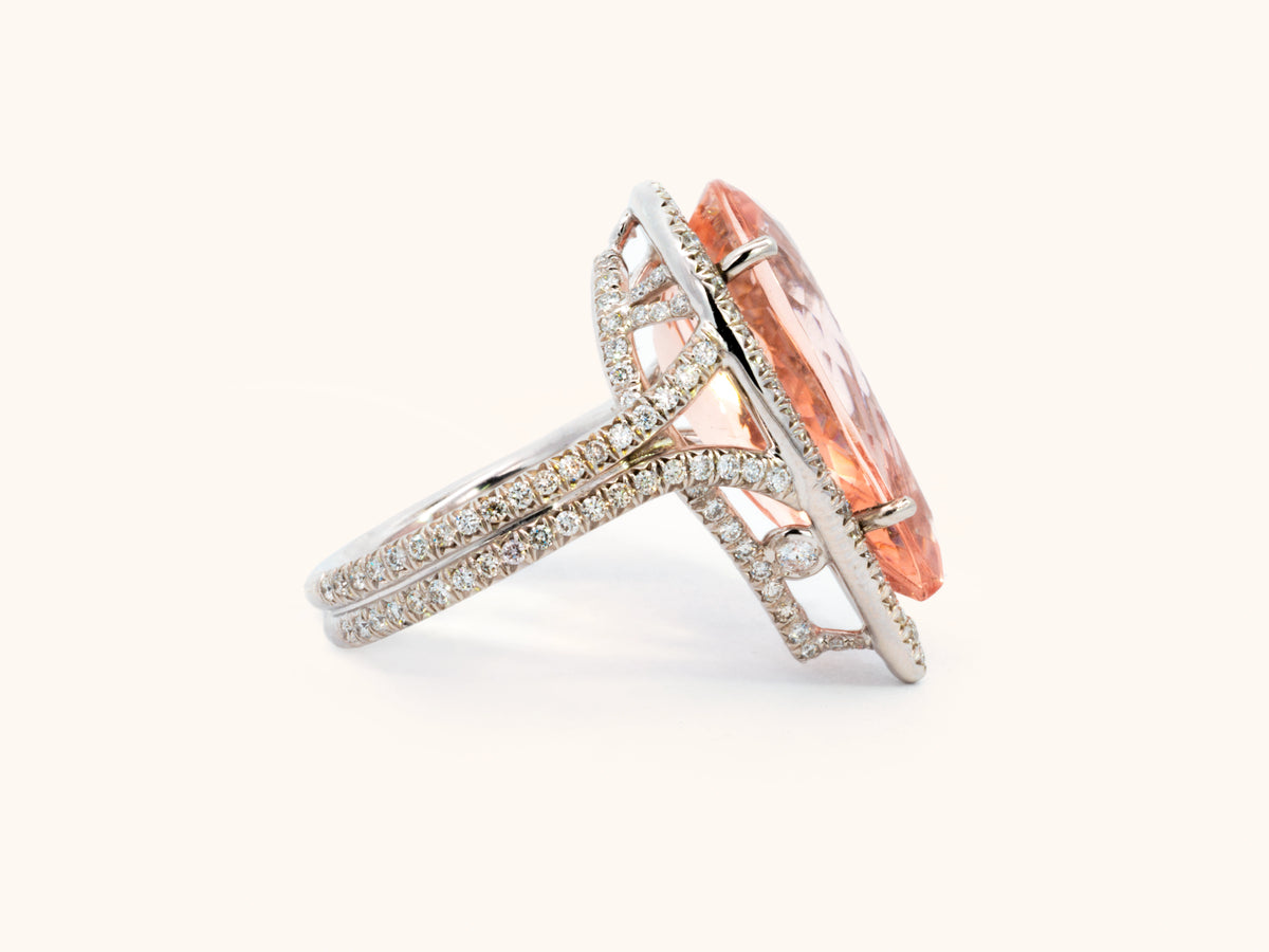 12.85 Carat Pear-Shaped Morganite and Diamond Ring in Platinum