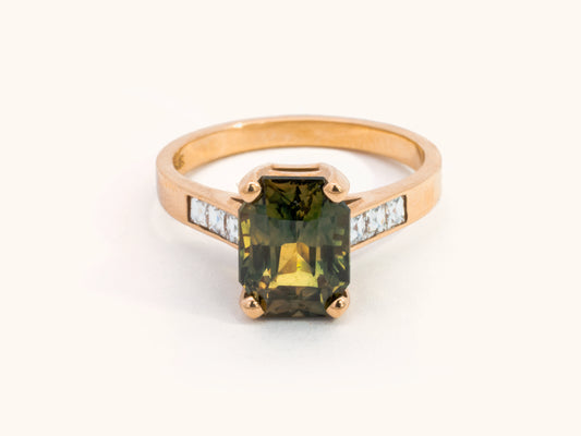 Unheated Olive-Green Sapphire and Diamond Ring in 14K Yellow Gold