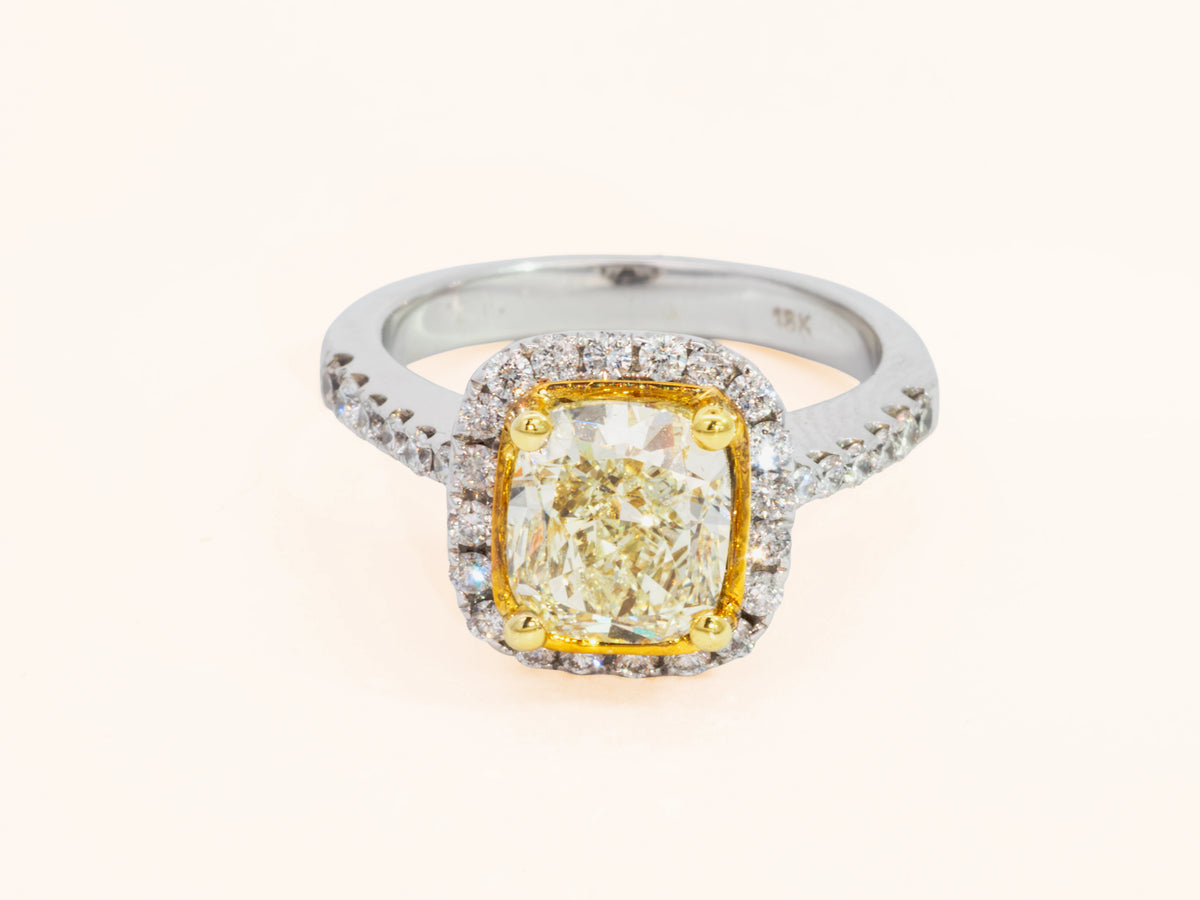 Natural Light Yellow Cushion Diamond Halo Ring in 18K Two-Tone Gold