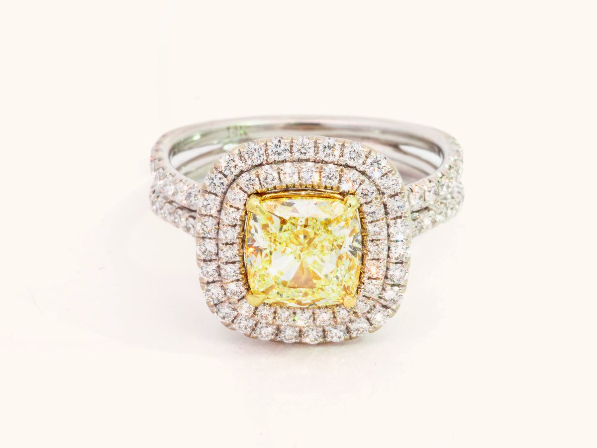 Fancy Light Yellow Cushion Diamond Double Halo Ring
