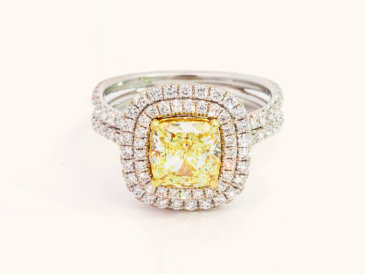 Fancy Light Yellow Cushion Diamond Double Halo Ring