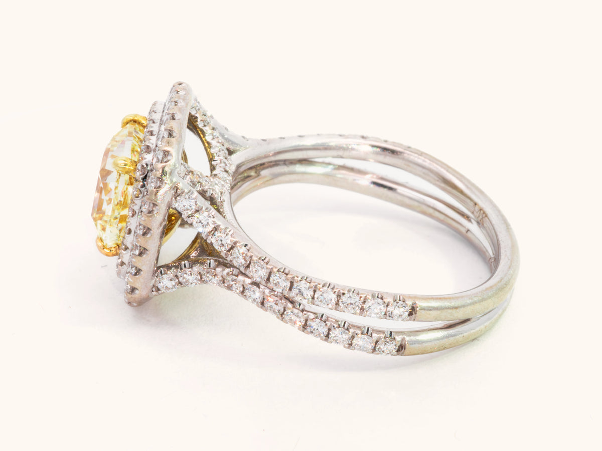 Fancy Light Yellow Cushion Diamond Double Halo Ring
