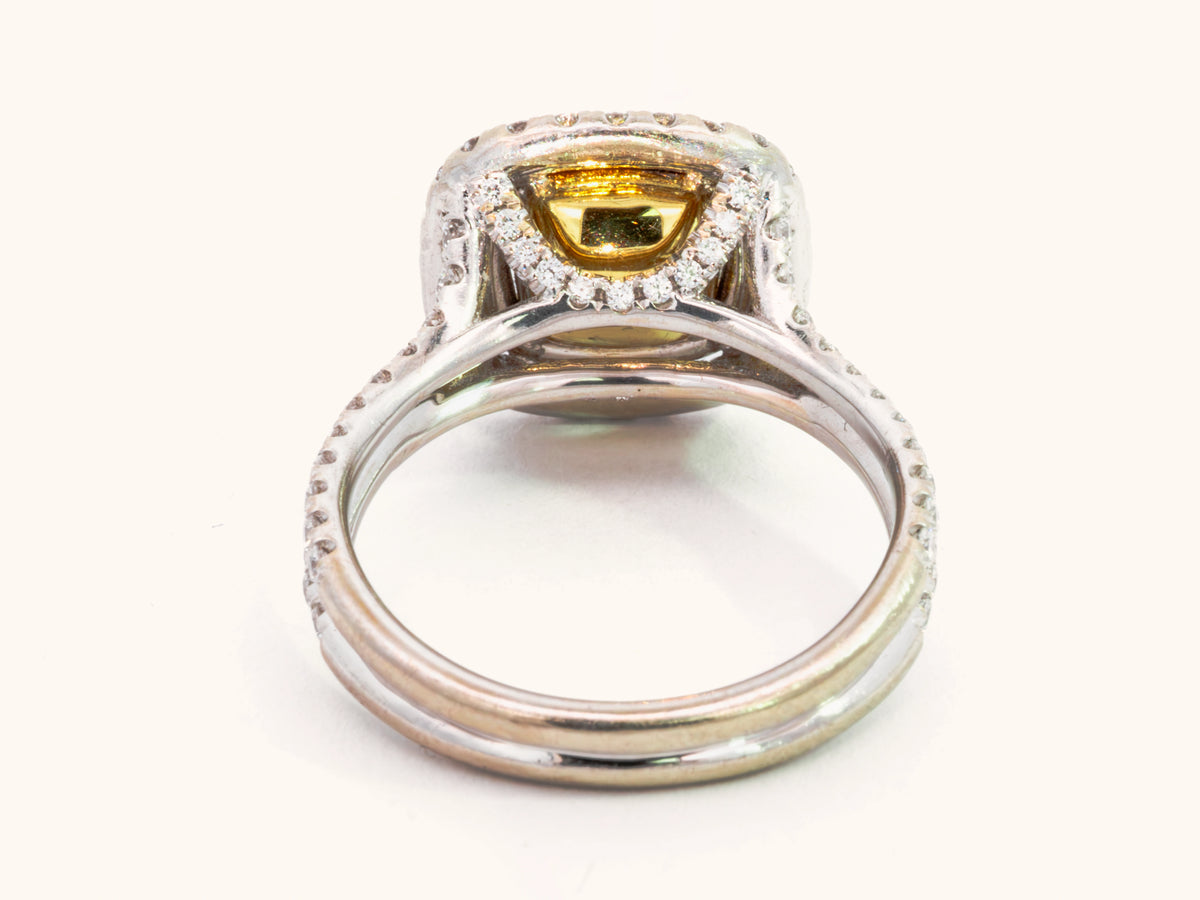 Fancy Light Yellow Cushion Diamond Double Halo Ring