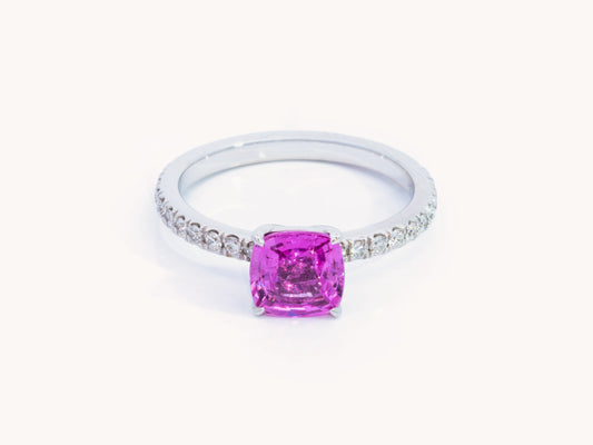 Natural Pink Cushion Sapphire and Diamond Ring in 18K White Gold