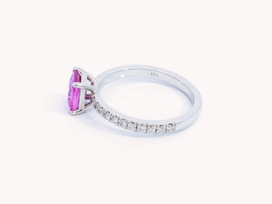 Natural Pink Cushion Sapphire and Diamond Ring in 18K White Gold