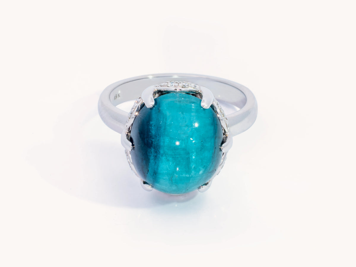 Cat’s-Eye Blue Tourmaline and Diamond Ring in 18K White Gold
