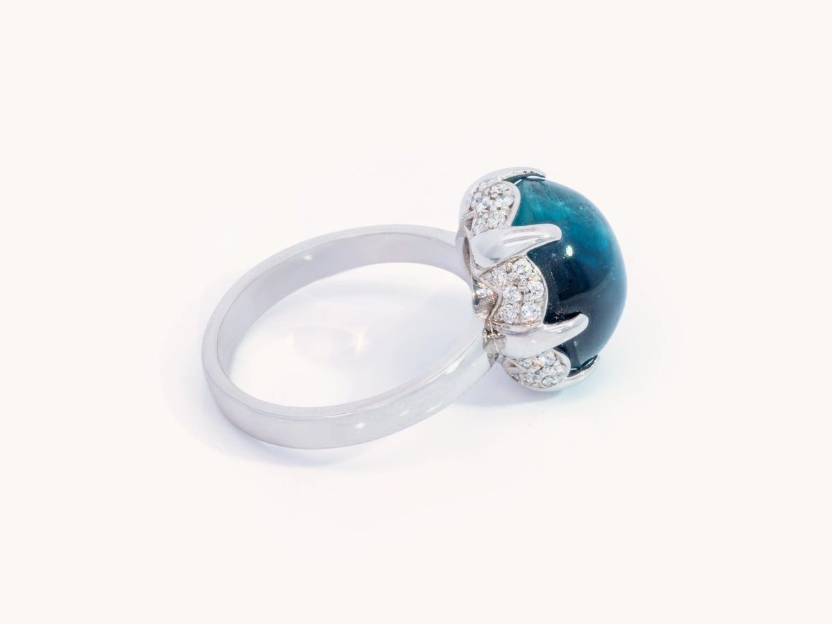 Cat’s-Eye Blue Tourmaline and Diamond Ring in 18K White Gold