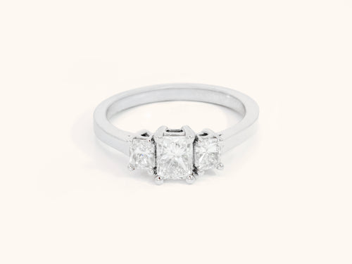 Three-Stone Radiant Diamond Engagement Ring in 18K White Gold, 1 Carat Total Weight
