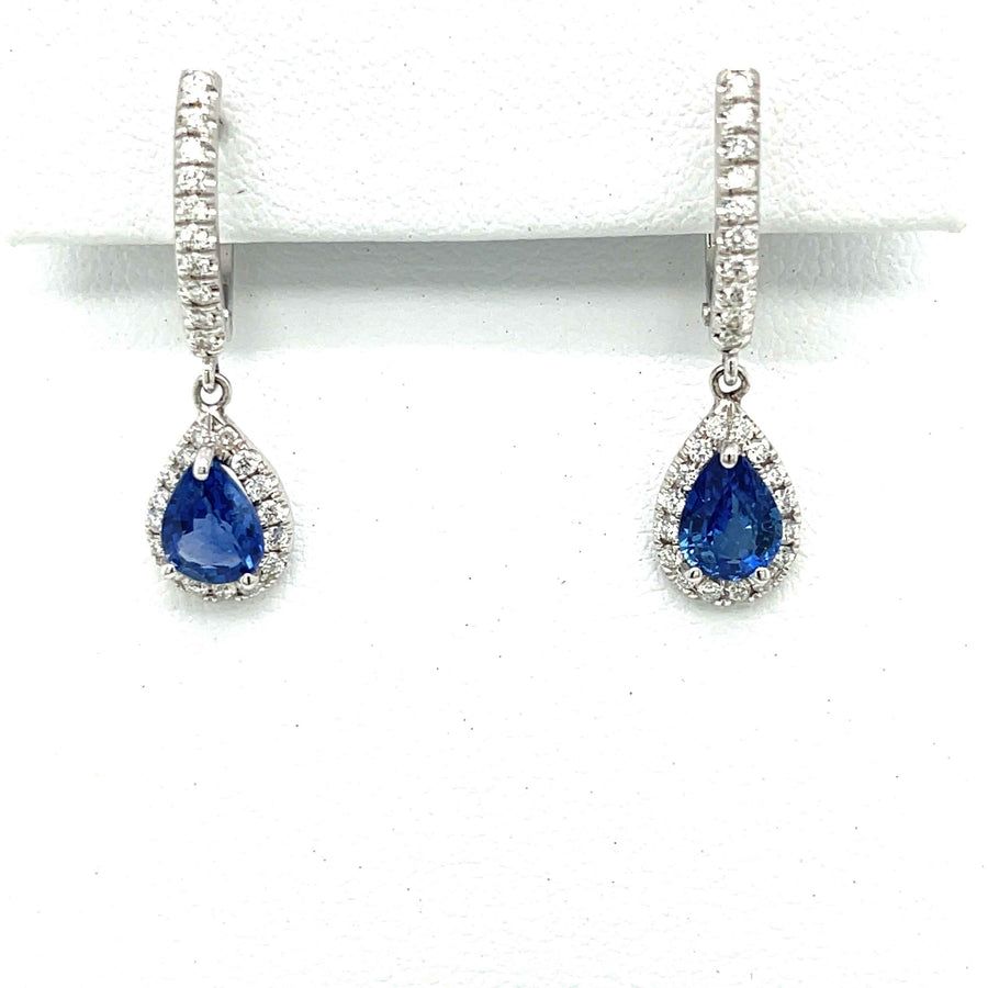 Natural Blue Sapphire and Diamond Halo Earrings in 18K White Gold