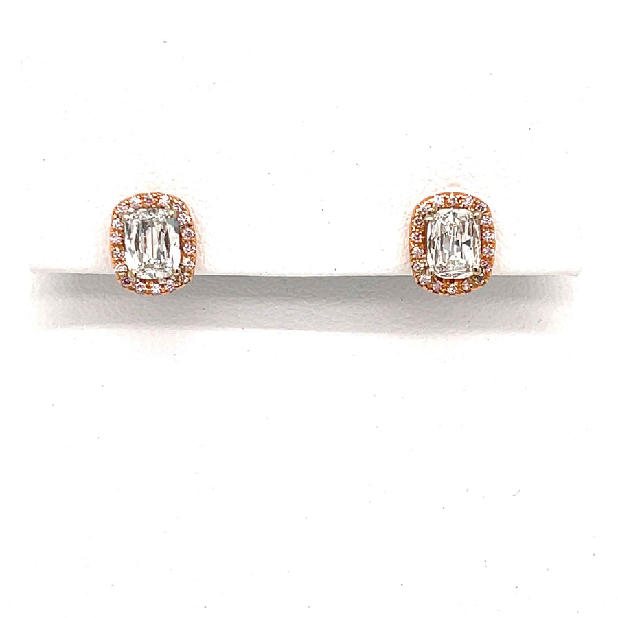 Cushion and Natural Pink Diamond Halo Earrings in 18K Pink Gold