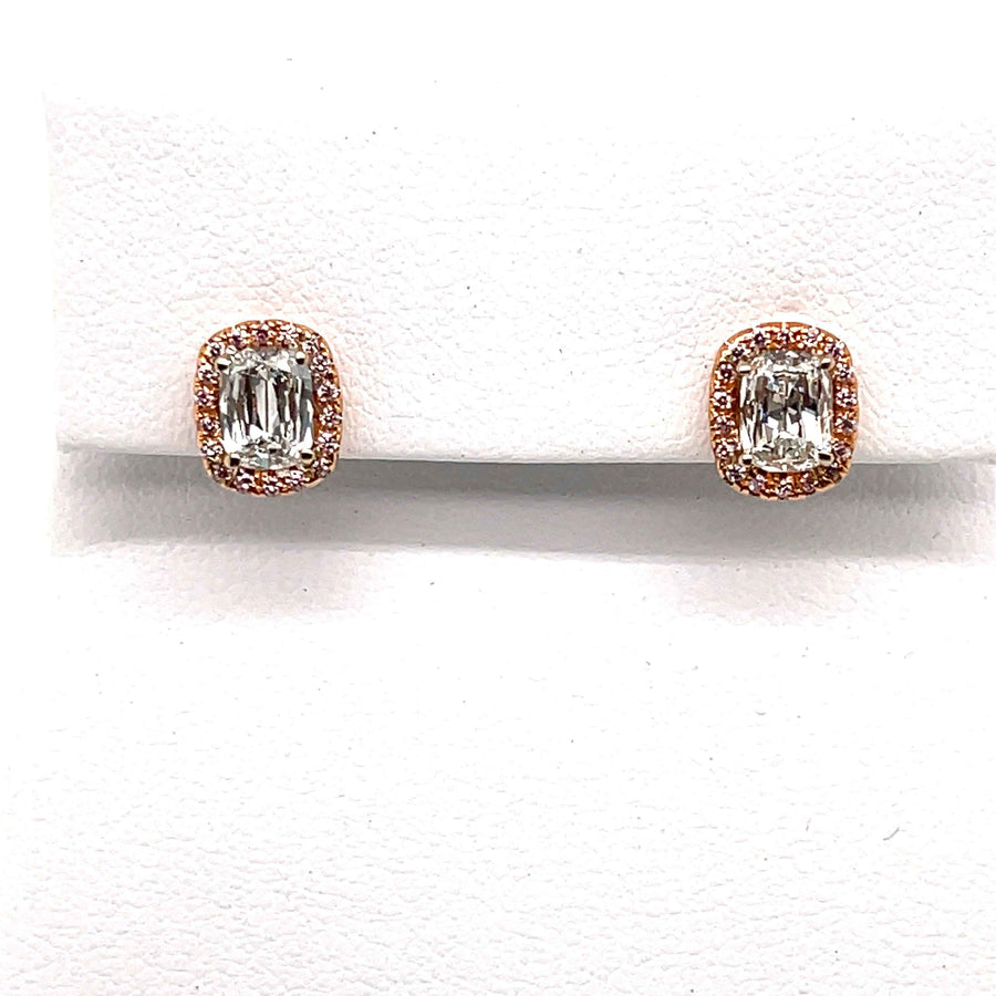 Cushion and Natural Pink Diamond Halo Earrings in 18K Pink Gold