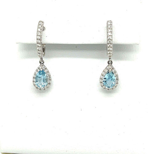 Aquamarine and Diamond Halo Earrings in 18K White Gold