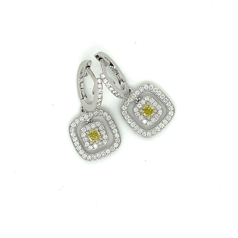 Double Halo Earrings with Rare Natural Fancy Yellow Princess-Cut Center Diamond & White Diamond Accents in 18K White Gold - FlawlessCarat