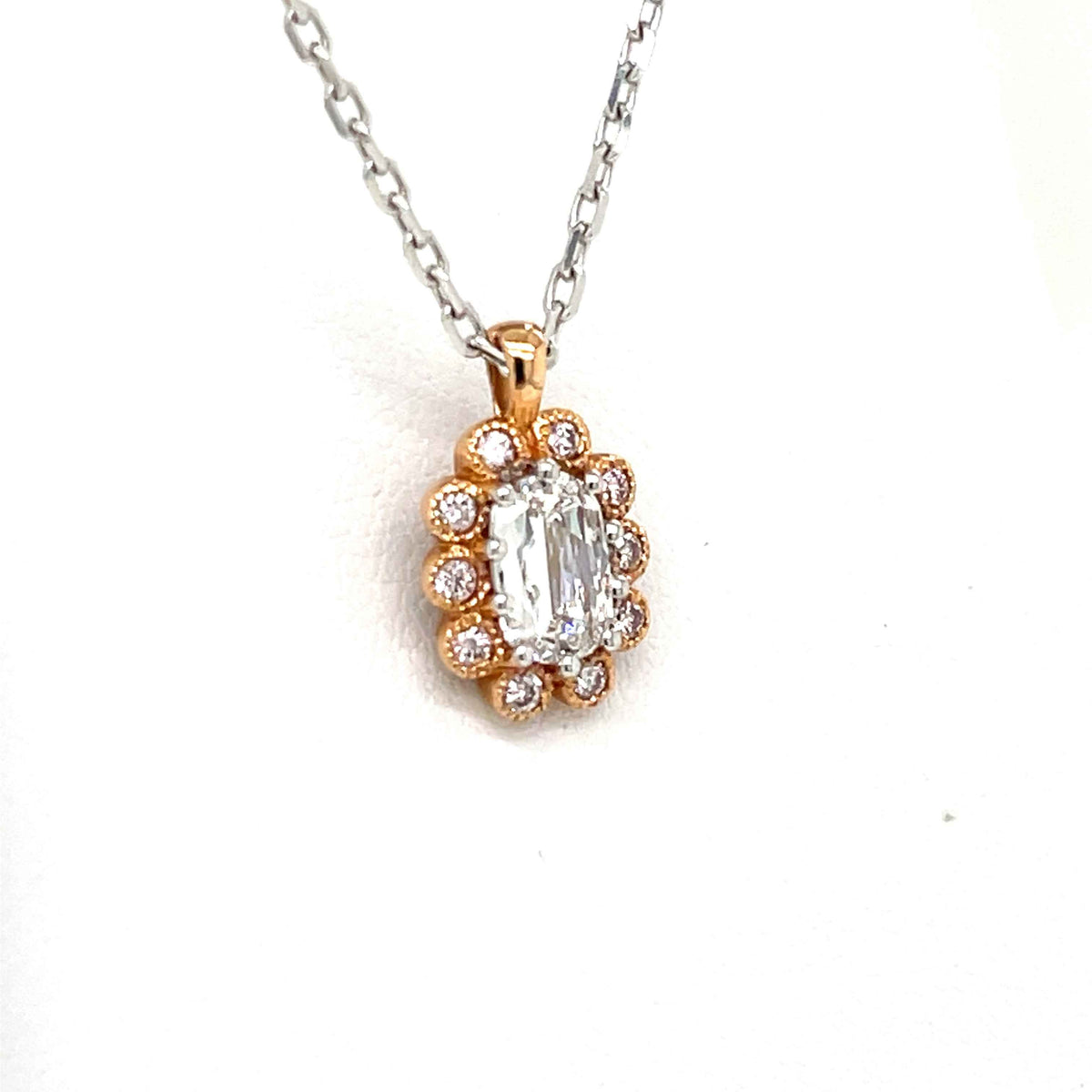 Cushion Cut Diamond Halo Pendant in 18 Karat Rose Gold with Light Pink Round Diamond Accents - Flower Shaped Pendant