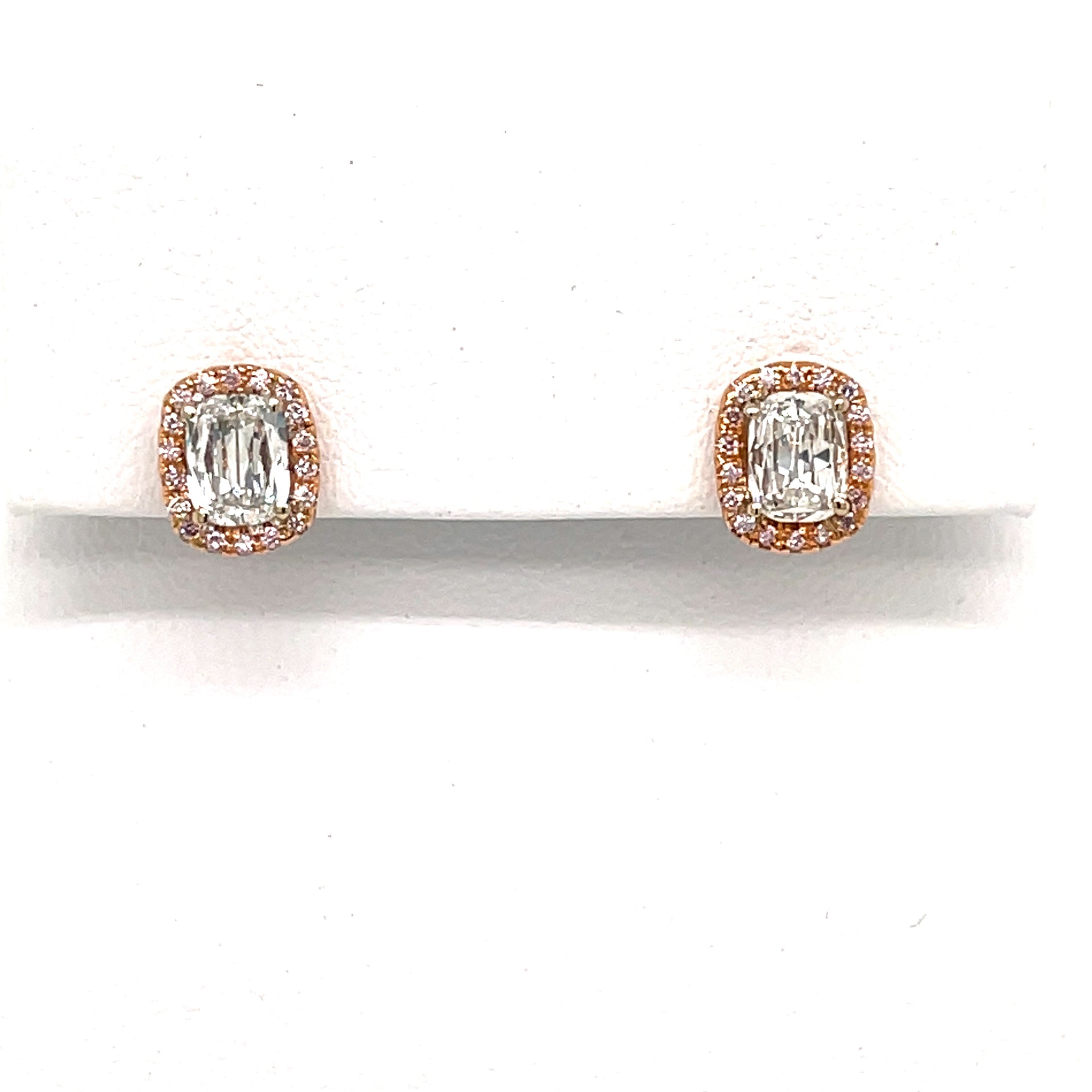 18 Karat Pink Gold Halo Earrings with .75 Carats of Cushion Brilliant Diamonds and .13 Carats of Pink Round Diamonds
