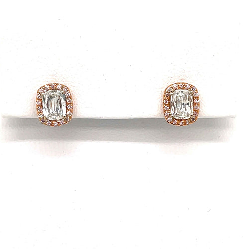 Cushion Diamond Halo Earrings in 18K Pink Gold with 0.75 Carats of Cushion Diamonds and 0.13 Carats of Pink Diamonds