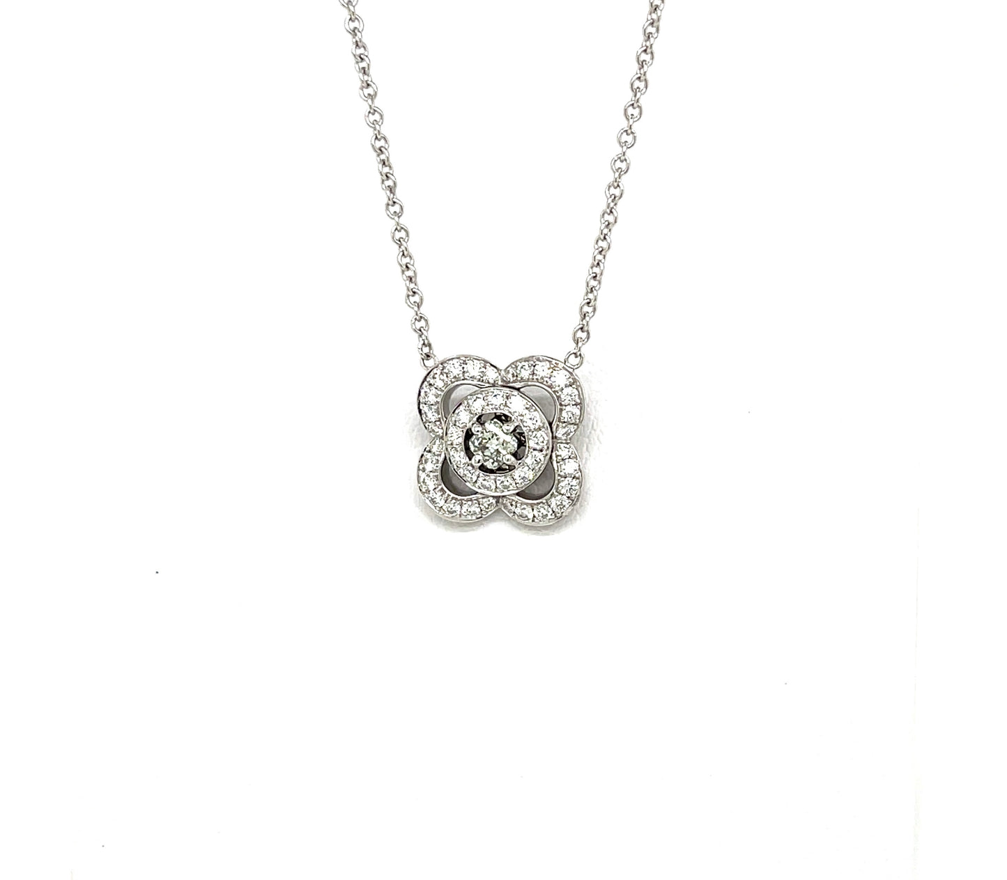 Princess Cut DiamondHalo Pendant with Light Green Center Diamond and Round White Diamond Accents - Flower Shaped Pendant - FlawlessCarat