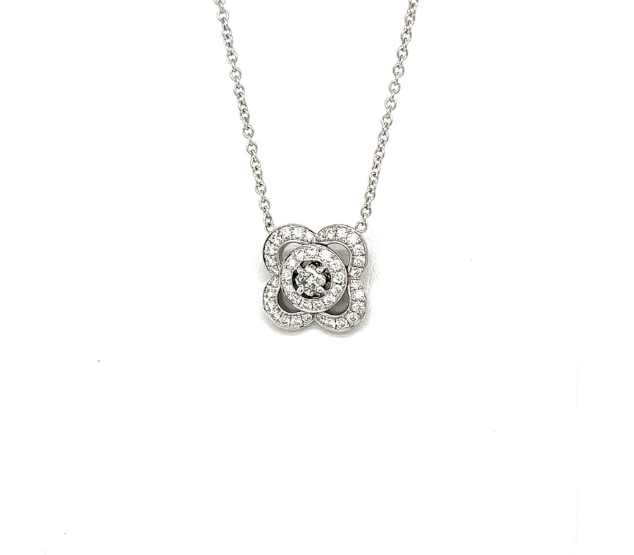 Princess Cut DiamondHalo Pendant with Light Green Center Diamond and Round White Diamond Accents - Flower Shaped Pendant