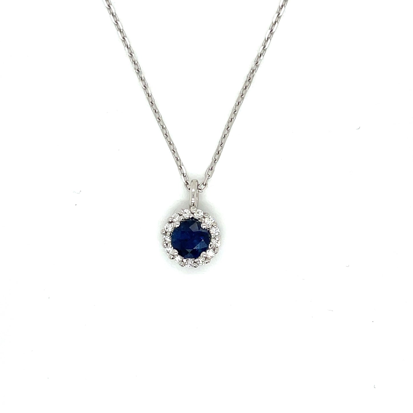 14 kt. White Gold Blue Sapphire and Diamond Halo Floating Pendant - FlawlessCarat