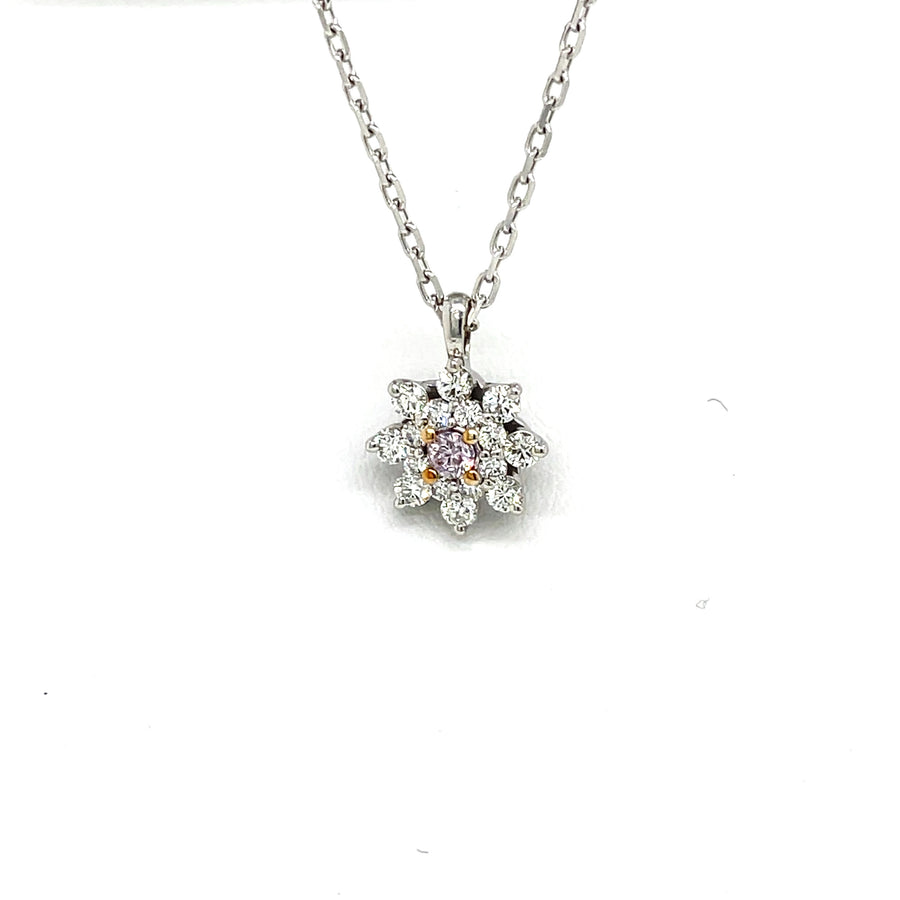 Natural Pink and White Diamond Halo Pendant in 18K White Gold