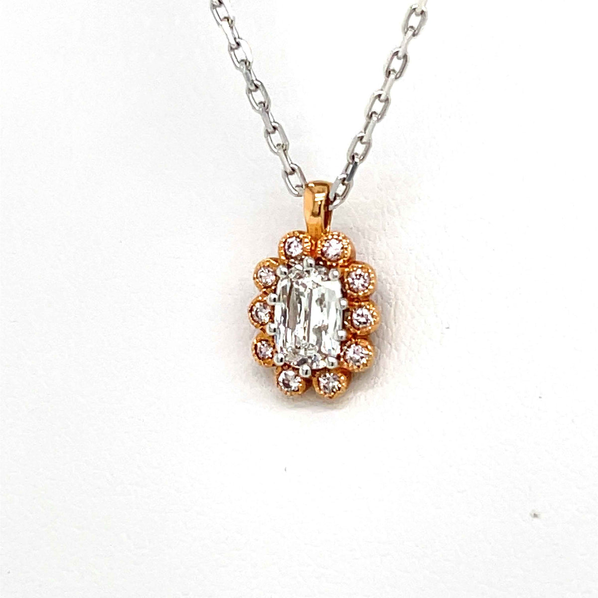 Cushion Cut Diamond Halo Pendant in 18 Karat Rose Gold with Light Pink Round Diamond Accents - Flower Shaped Pendant