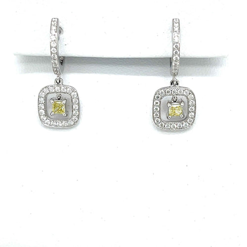 Natural Fancy Yellow Diamond Halo Earrings in 18K White Gold
