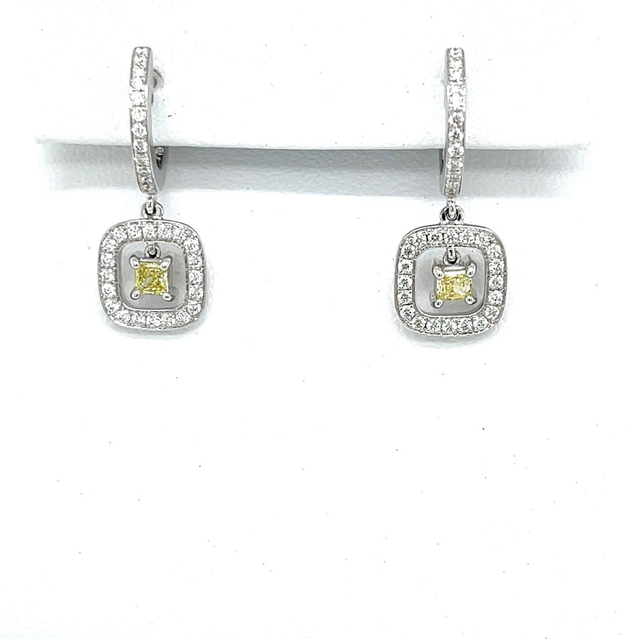 Natural Fancy Yellow Diamond Halo Earrings in 18K White Gold