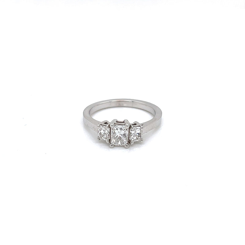 Three Stone Radiant Diamond Engagement Ring in 18 Karat White Gold, 1 Carat Total Weight - FlawlessCarat