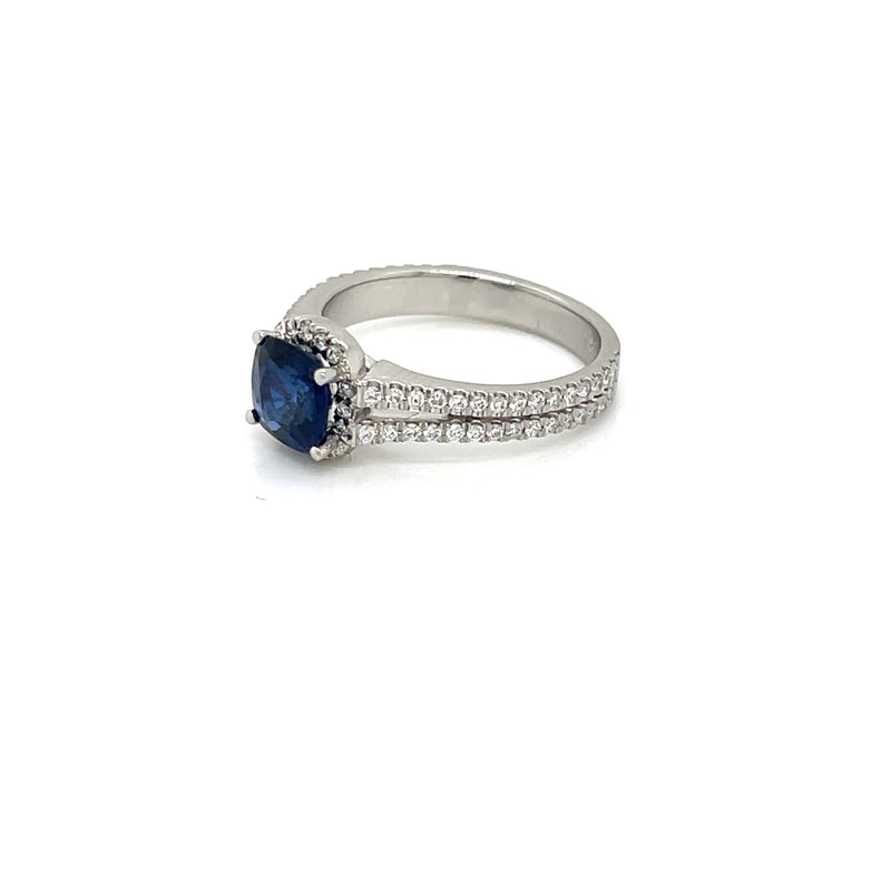 Platinum Cushion Cut Halo Blue Sapphire and Diamond Engagement Ring - FlawlessCarat