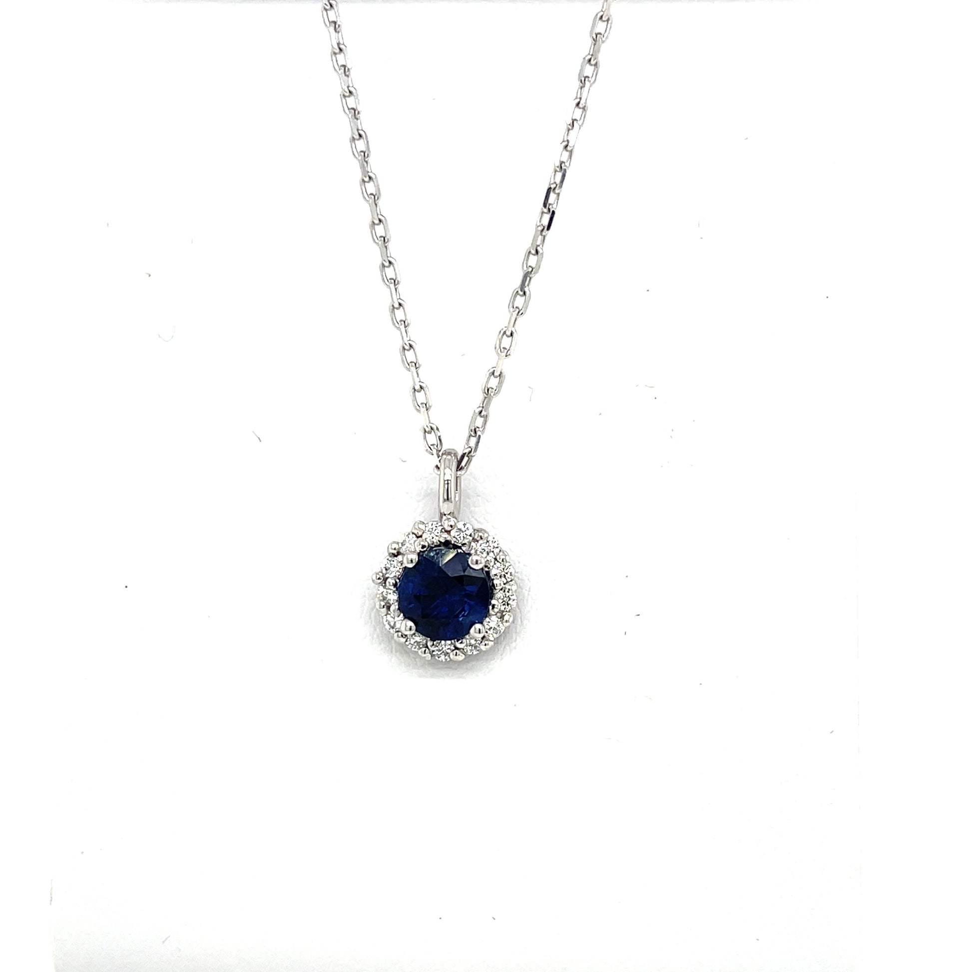 14 kt. White Gold Blue Sapphire and Diamond Halo Floating Pendant - FlawlessCarat