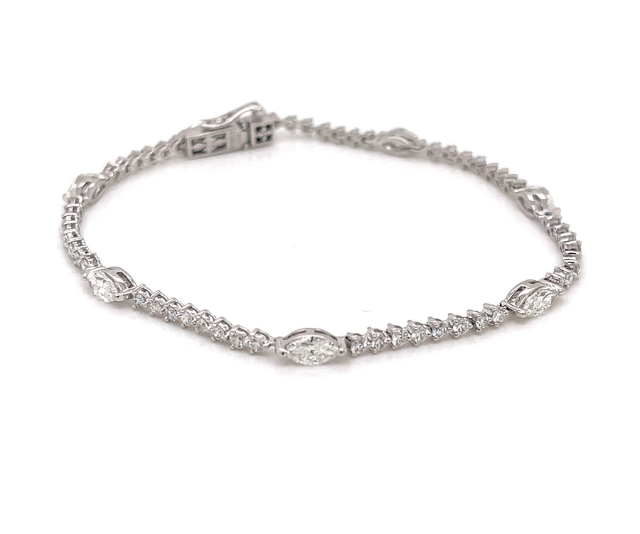 Natural Marquise and Round Diamond Statement Bracelet in 18K White Gold