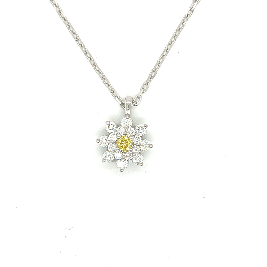 Natural Yellow and White Diamond Halo Pendant in 18K White Gold