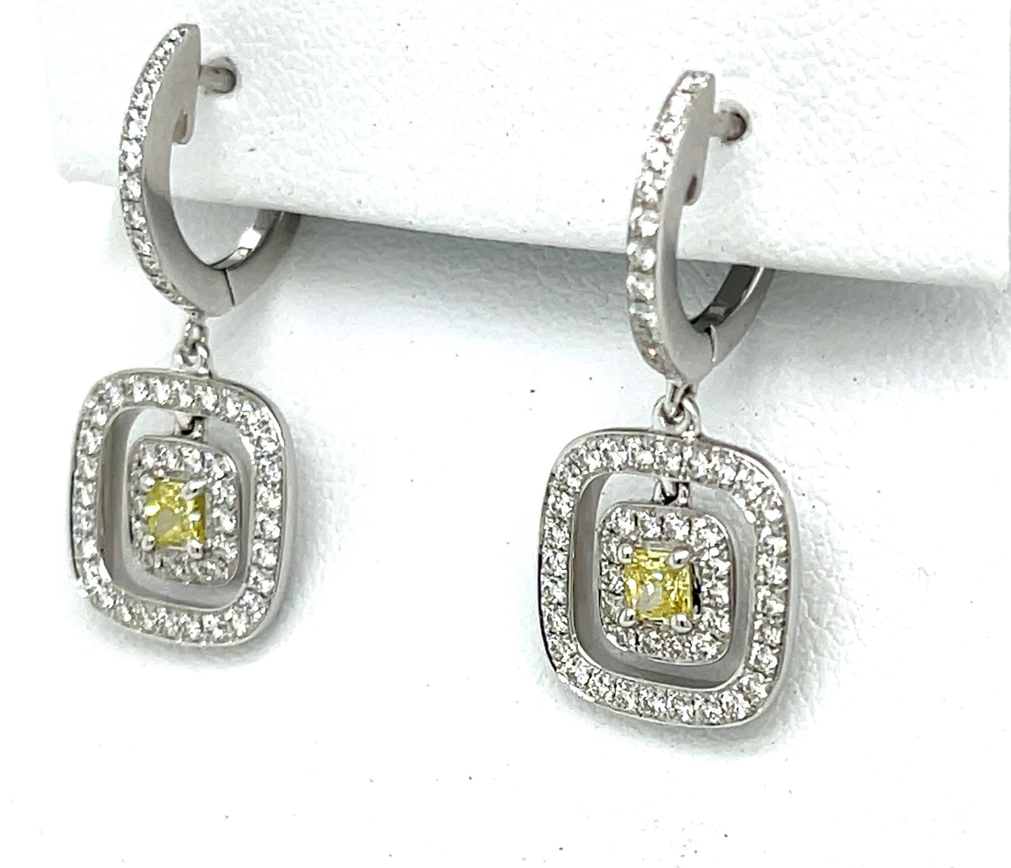 Double Halo Earrings with Rare Natural Fancy Yellow Princess-Cut Center Diamond & White Diamond Accents in 18K White Gold - FlawlessCarat