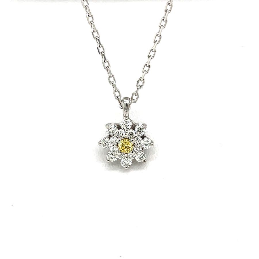 Natural Yellow and White Diamond Halo Pendant in 18K White Gold