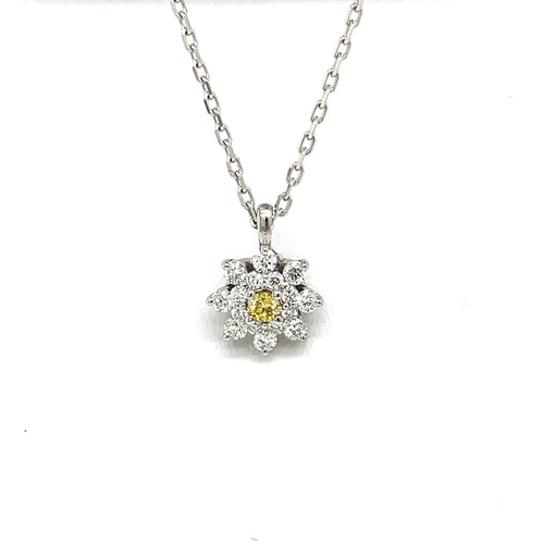 Natural Yellow and White Diamond Halo Pendant in 18K White Gold