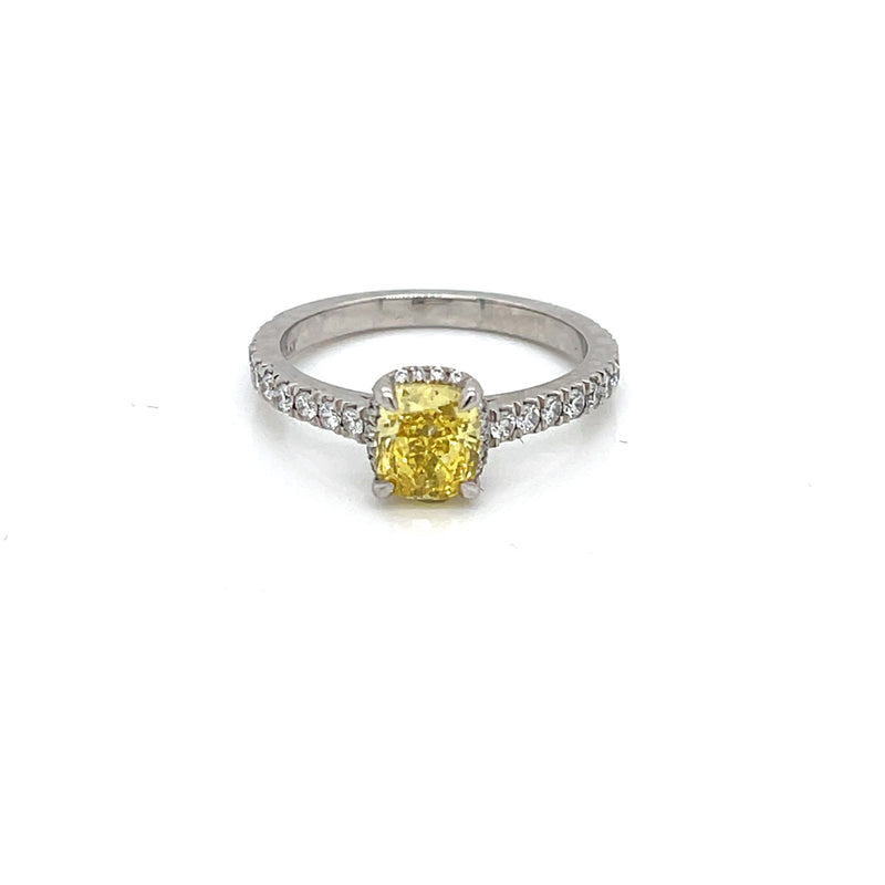 Platinum Cushion Cut Engagement Ring with Natural Vivid Yellow and White Diamonds - FlawlessCarat
