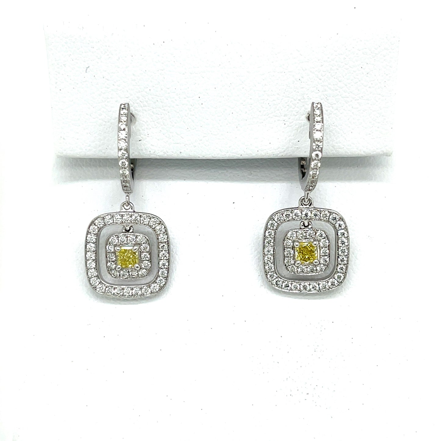 Double Halo Earrings with Rare Natural Fancy Yellow Princess-Cut Center Diamond & White Diamond Accents in 18K White Gold - FlawlessCarat