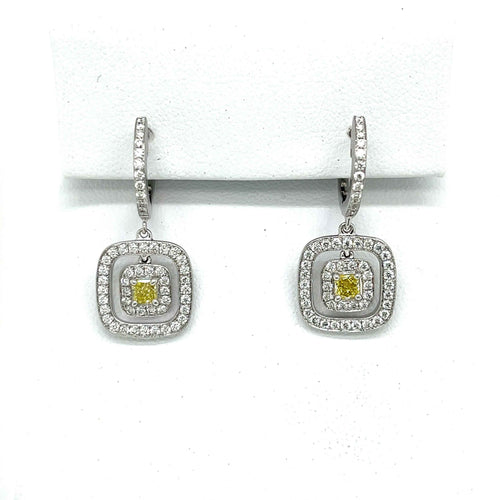 Natural Fancy Yellow Diamond Double Halo Earrings in 18K White Gold