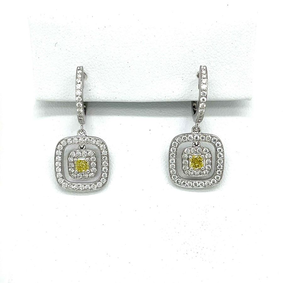 Natural Fancy Yellow Diamond Double Halo Earrings in 18K White Gold