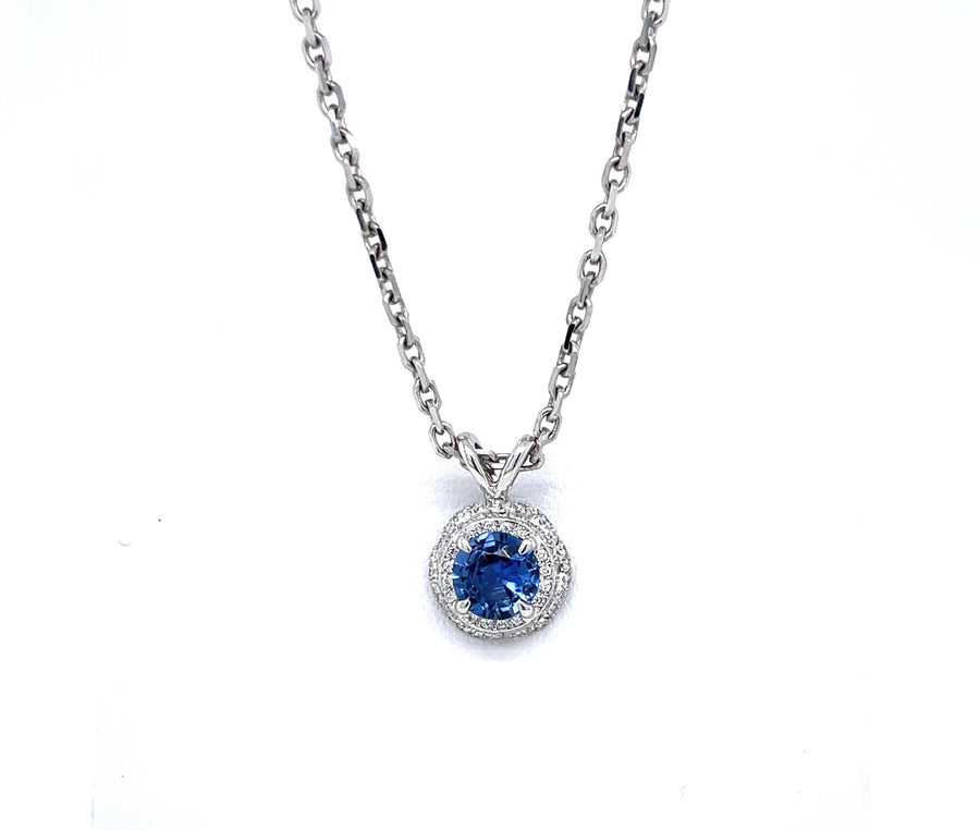 Natural Blue Sapphire and Diamond Floating Pendant in White Gold