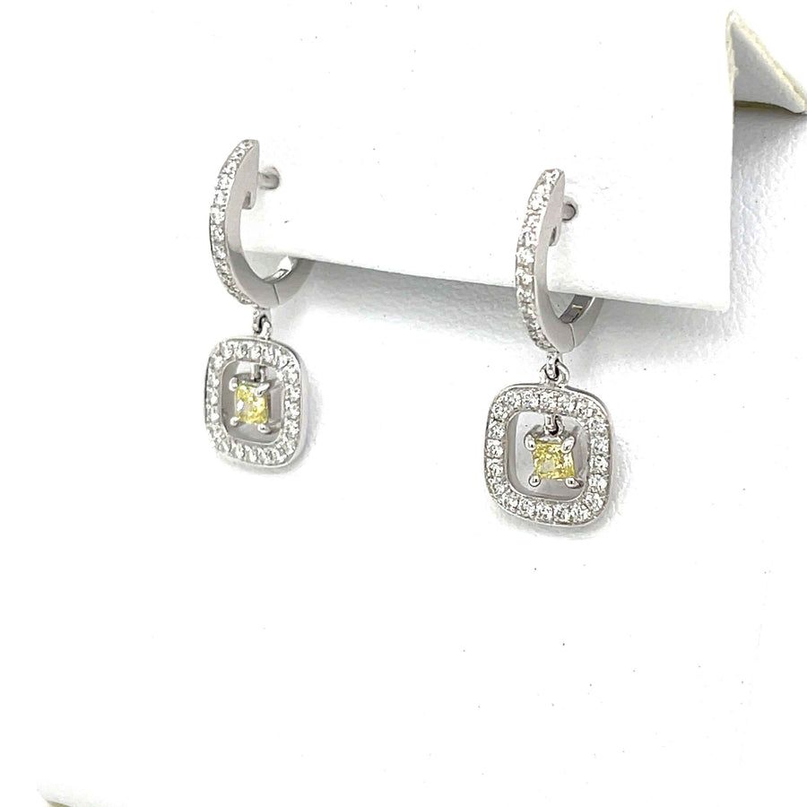 Natural Fancy Yellow Diamond Halo Earrings in 18K White Gold