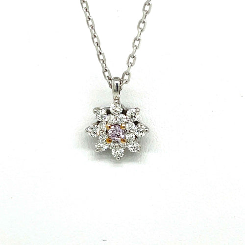 Natural Pink and White Diamond Halo Pendant in 18K White Gold