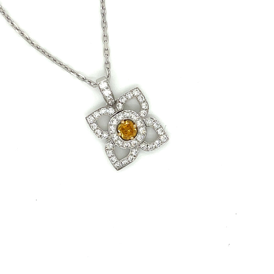 Natural Orange-Yellow Radiant Diamond Flower Pendant in 18K White Gold