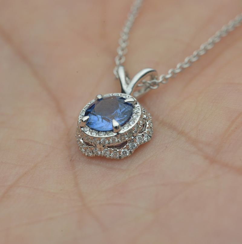White Gold Blue Sapphire and Diamond Floating Pendant - FlawlessCarat