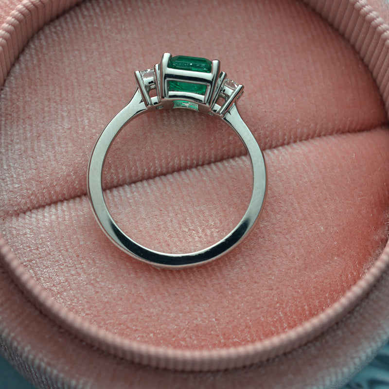 Emerald and Diamond Three Stone Platinum Ring - FlawlessCarat