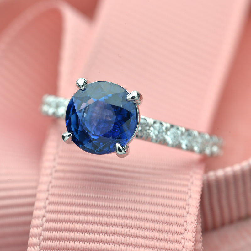 Round Blue Sapphire and Diamond Engagement Ring - FlawlessCarat