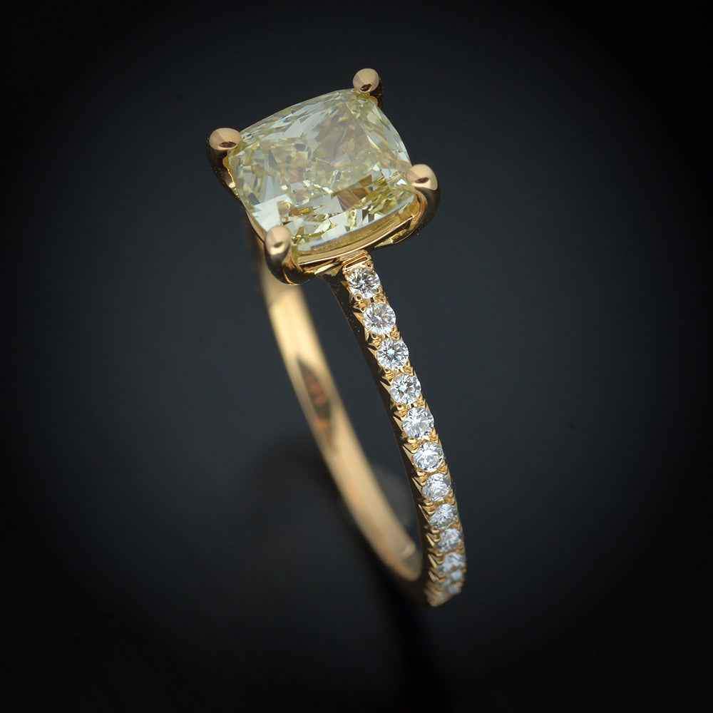 18kt. YG Engagement Ring with Natural Fancy Yellow Cushion Diamond