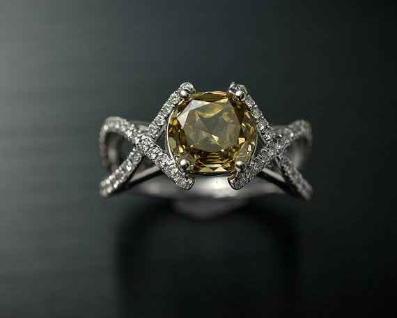 Platinum Engagement Ring or Fashion Ring with Rare GIA Natural Brownish Yellow Center Diamond and White Diamond Accents