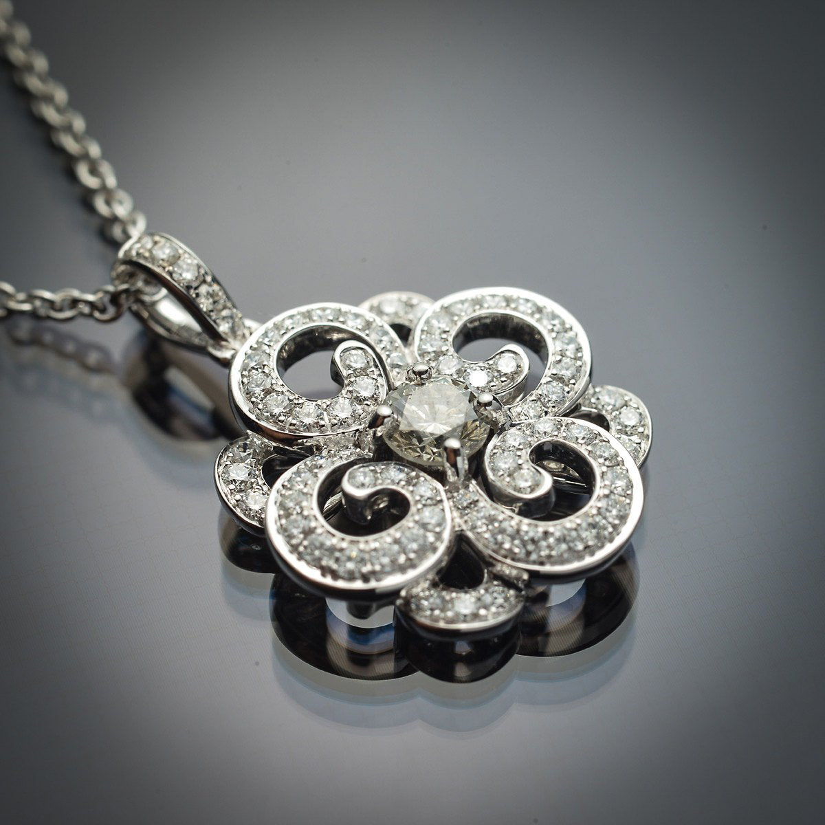 18K White Gold Pendant with Grey-Green Natural Center Diamond & White Diamond Accents - FlawlessCarat