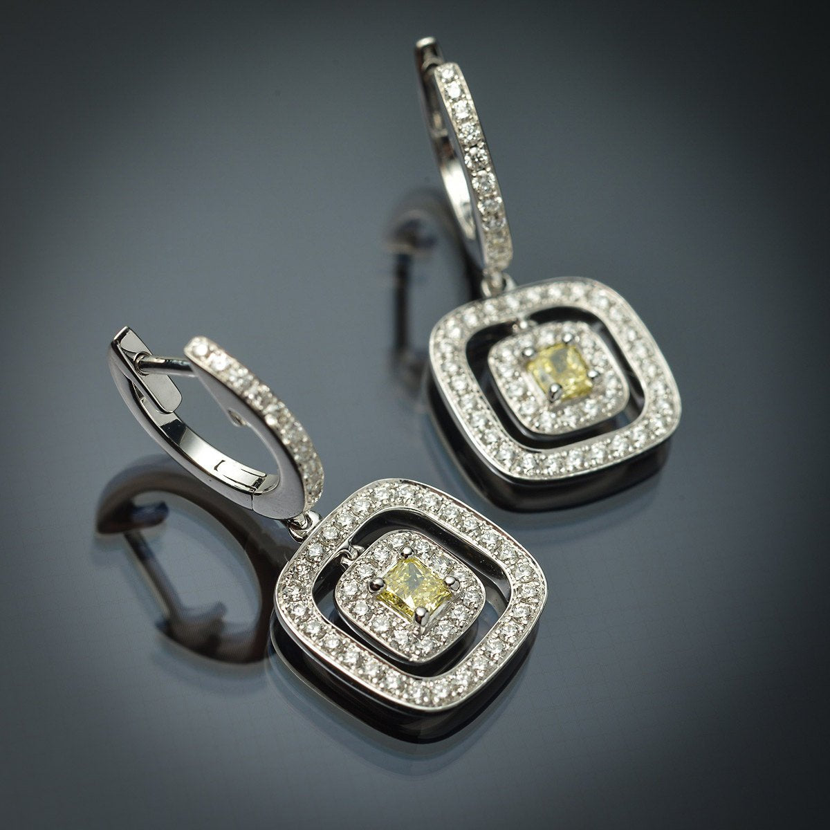 Double Halo Earrings with Rare Natural Fancy Yellow Princess-Cut Center Diamond & White Diamond Accents in 18K White Gold - FlawlessCarat